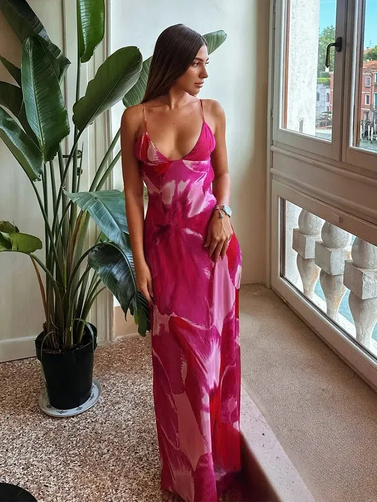 Robe été longue à imprimé floral rose dos nu