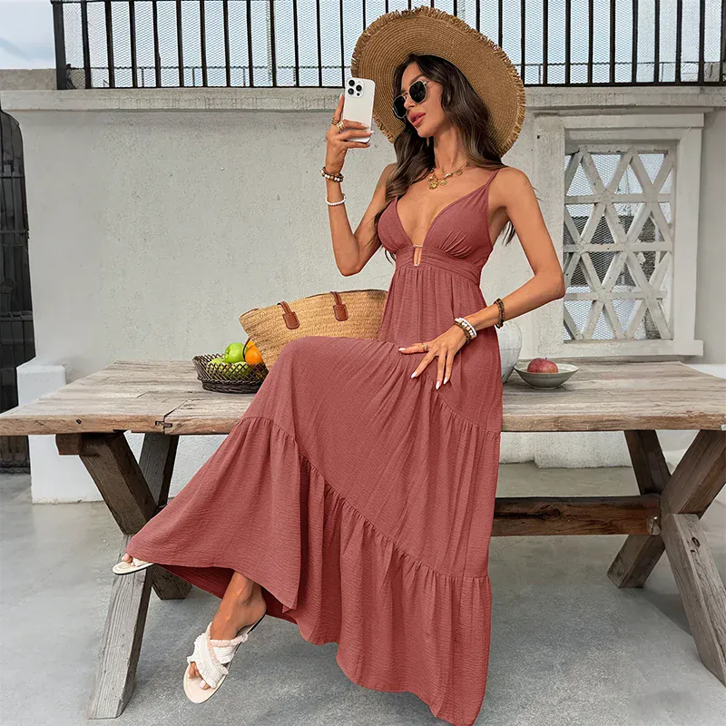 Robe été longue bohème teinte marron rosé
