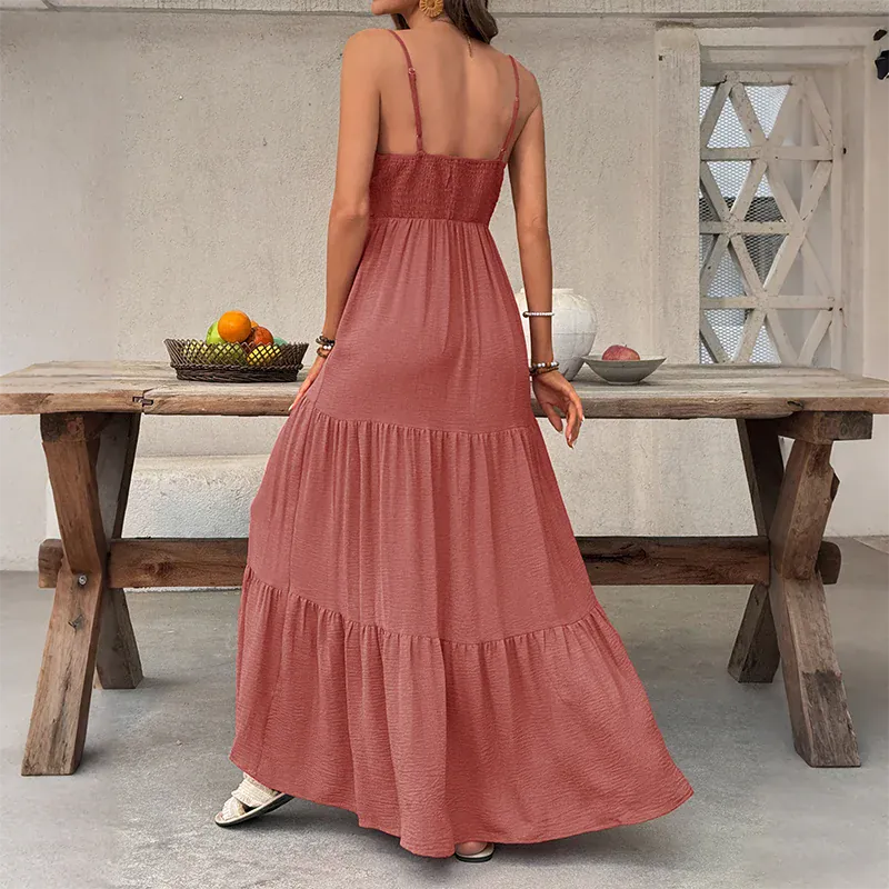Robe été longue bohème teinte marron rosé