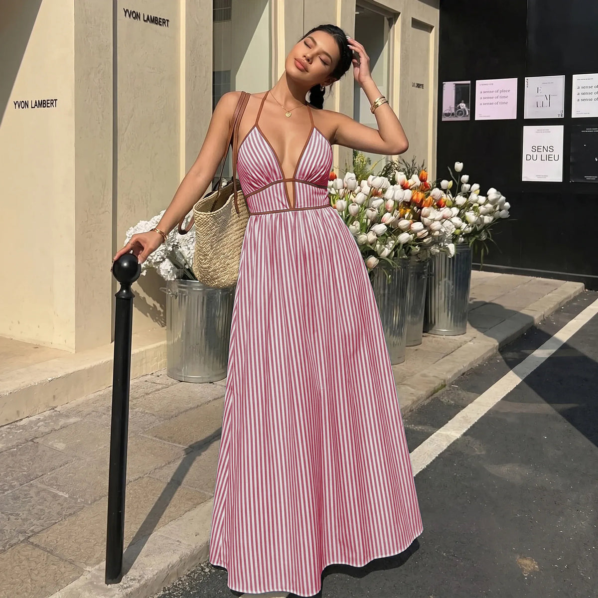 Robe été longue rayée avec dos nu américain