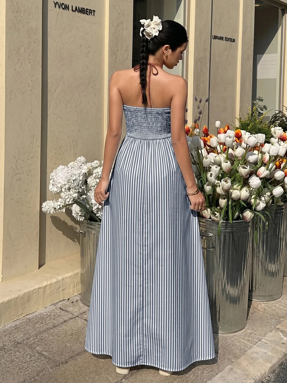 Robe été longue rayée avec dos nu américain