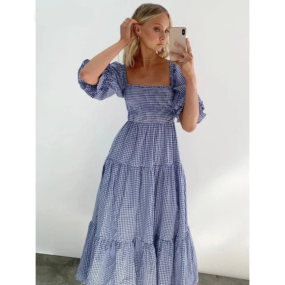 Robe été bohème longue bleue manches courtes à carreaux style décontracté pour femme tendance casual