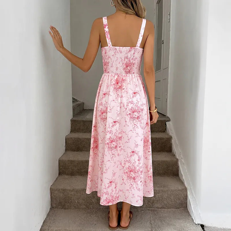 Robe été rose motif fleuri romantique
