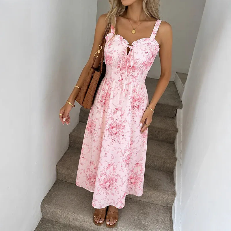 Robe été rose motif fleuri romantique