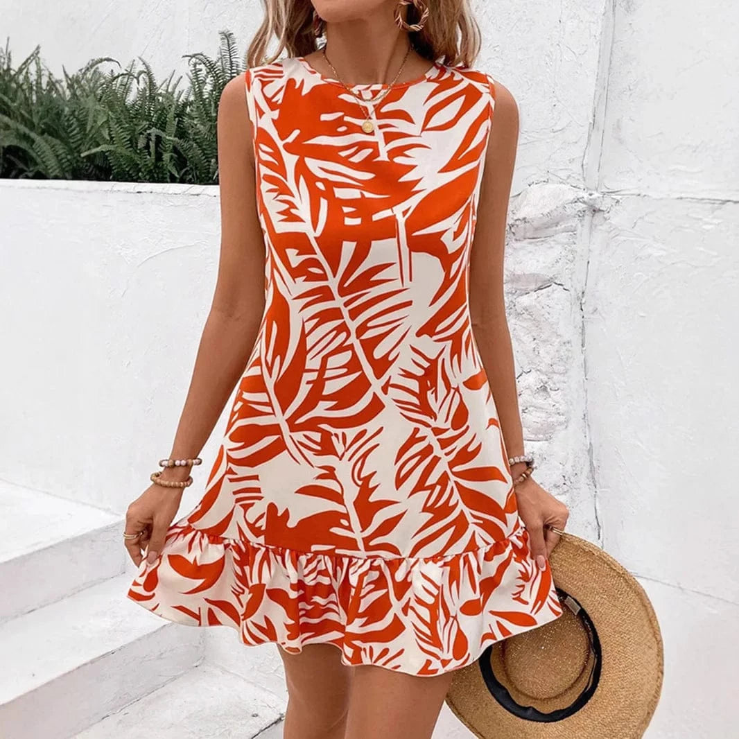 robe été courte sans manches fluide tropicale pour plage ou vacances, motif feuillage coloré tendance