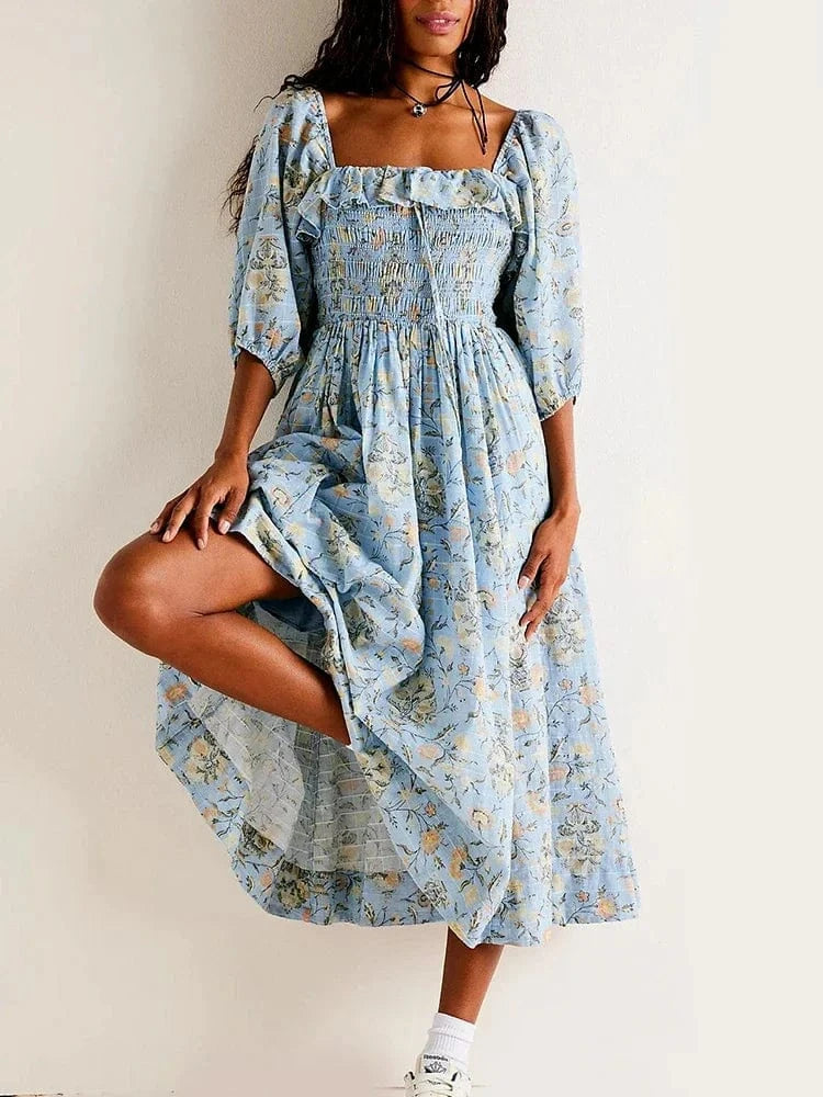 Robe fleurie bohème midi bleue à manches mi-longues, idéale pour l’été ou un cocktail décontracté