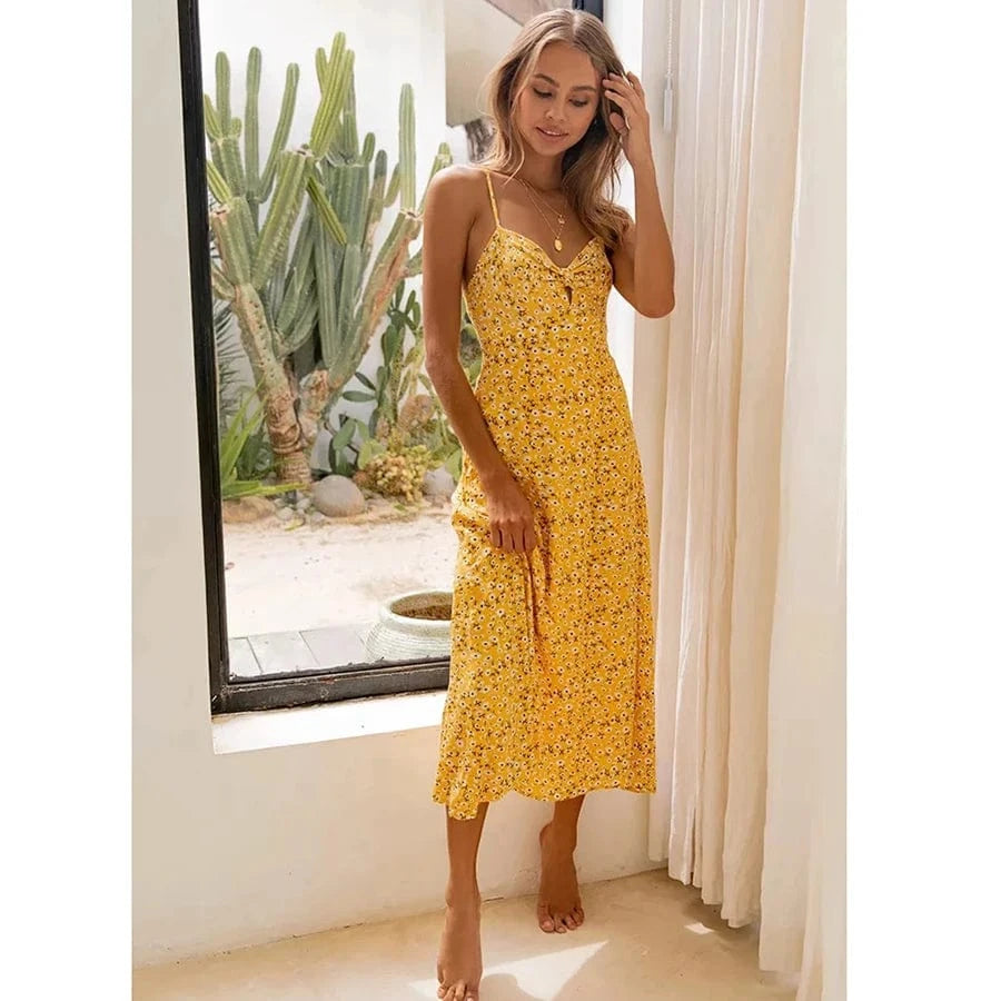 Robe été bohème fleurie jaune midi sans manches style décontracté chic pour plage ou vacances