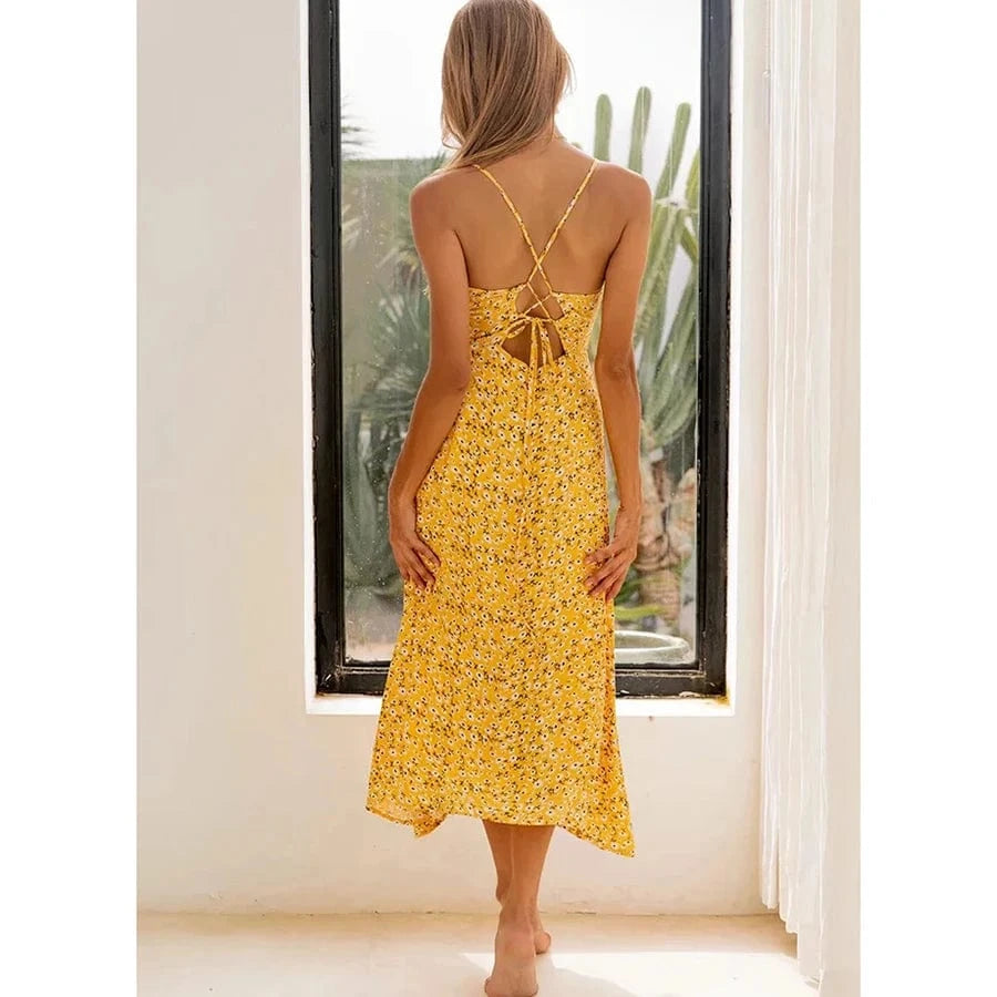 Robe fleurie été bohème dos nu jaune midi sans manches légère pour plage ou sortie estivale décontractée