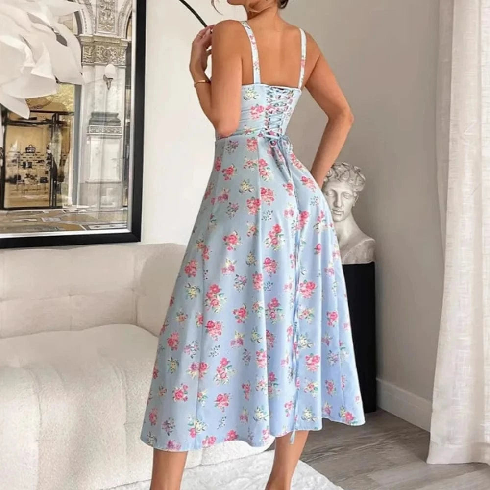 Robe fleurie bohème été bleu longue dos nu silhouette évasée bretelles fines élégante pour mariage invité