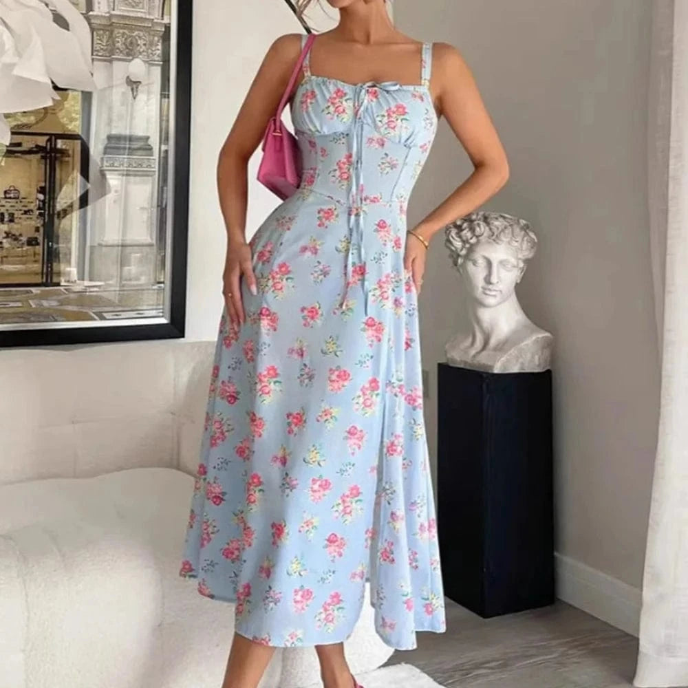 Robe été bohème fleurie bleue midi évasée sans manches décolleté pour mariage invité chic tendance féminine