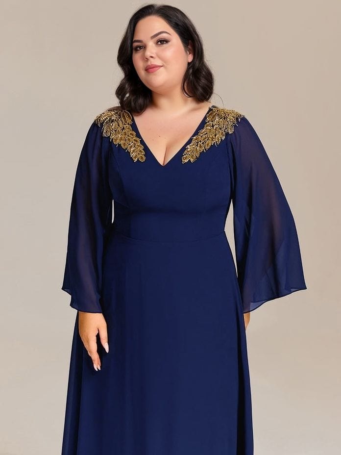Robe de soirée mariage grande taille chic bleu longue manches longues décolleté or élégante pour femme