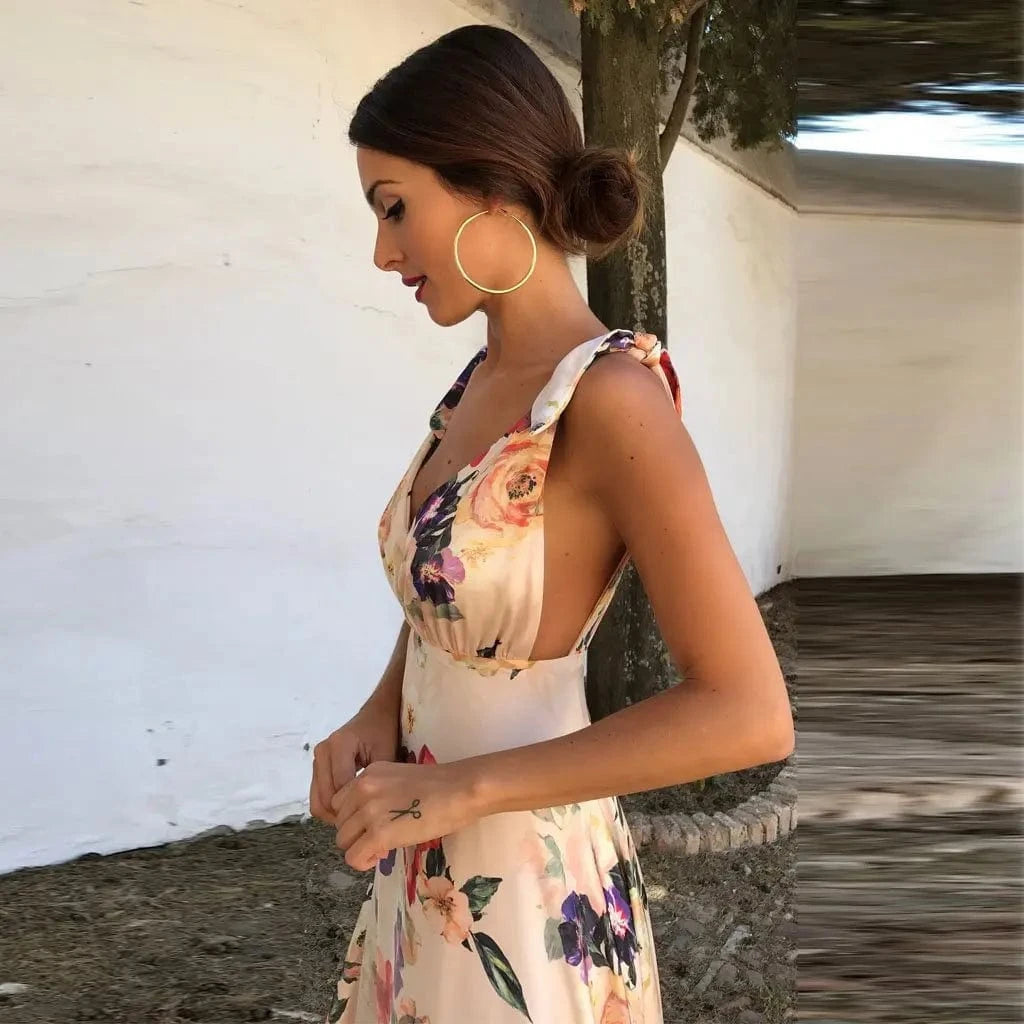 Robe longue dos nu fleurie bohème été sans manches décolleté chic blanche et rose parfait mariage invité