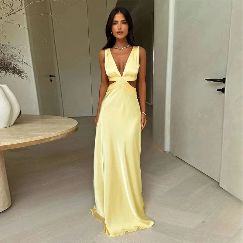 Robe longue jaune soirée chic dos nu fluide satinée décolleté sans manches élégante pour invitée mariage