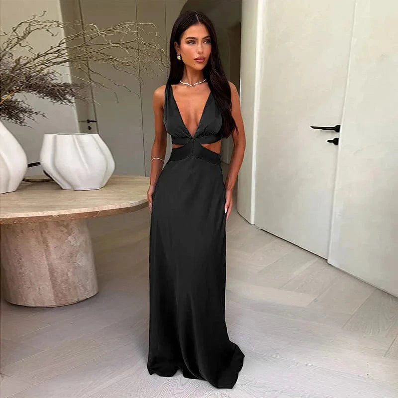 Robe de soirée chic longue noire moulante décolleté dos nu fendue élégante femme invitée mariage élégant