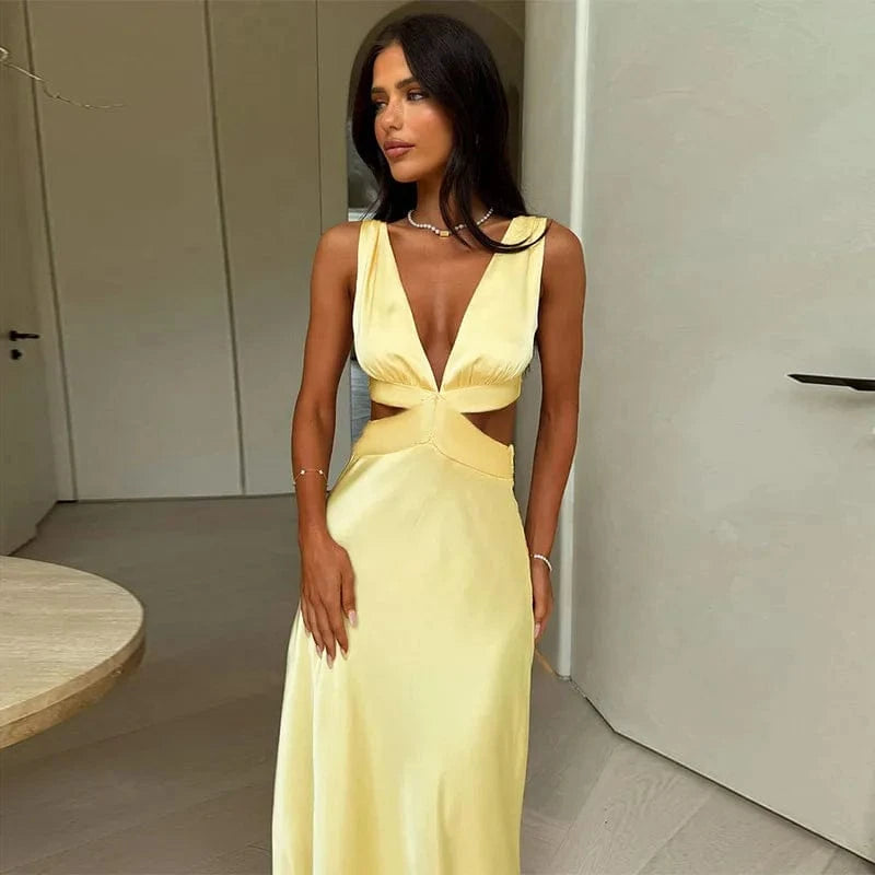 Robe de soirée chic longue jaune dos nu décolleté fluide élégante parfaite pour mariage invité été