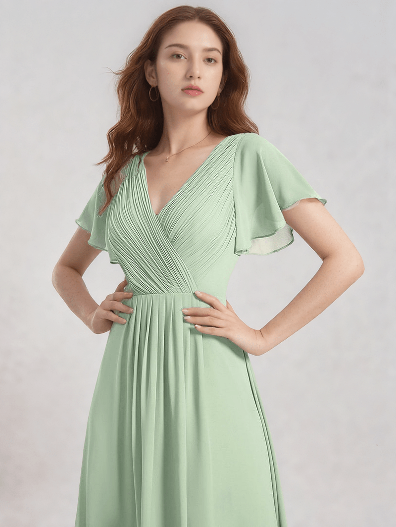 Robe bohème mariage invité longue verte manches courtes fluide élégante décolleté pour évènement chic