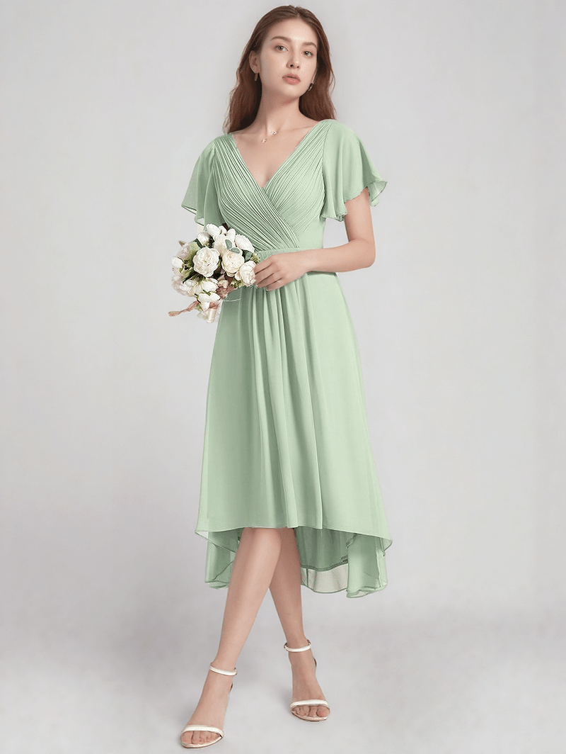 Robe demoiselle d'honneur bohème verte manches courtes longueur midi fluide pour mariage chic bouquet