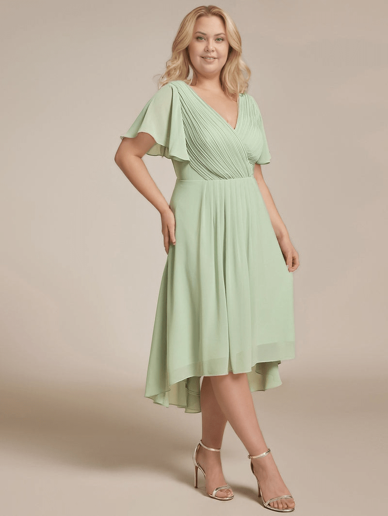 Robe de soirée grande taille verte fluide femme manches courtes longue élégante pour mariage invité chic