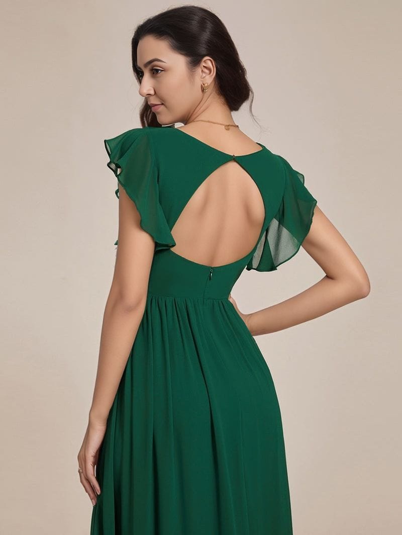Robe de soirée dos nu verte longue fluide avec manches courtes volantées élégante pour mariage invité