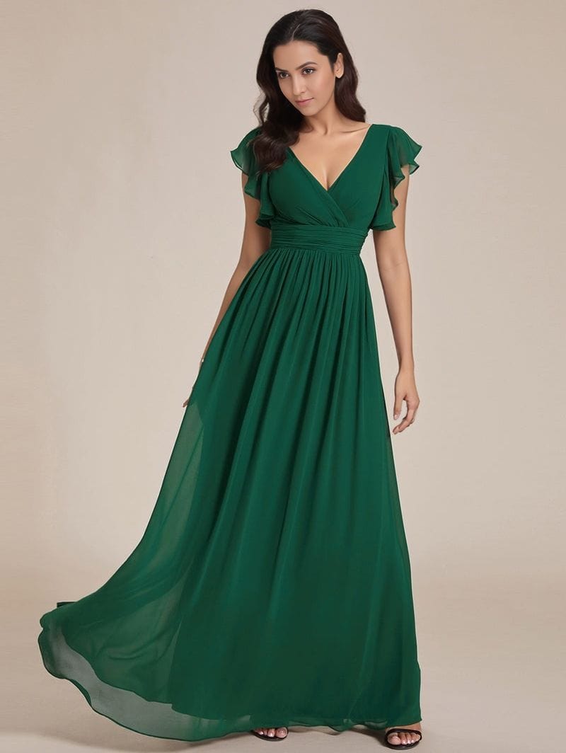 Robe de soirée mariage longue verte fluide bohème chic manches courtes décolleté élégant pour invitée femme