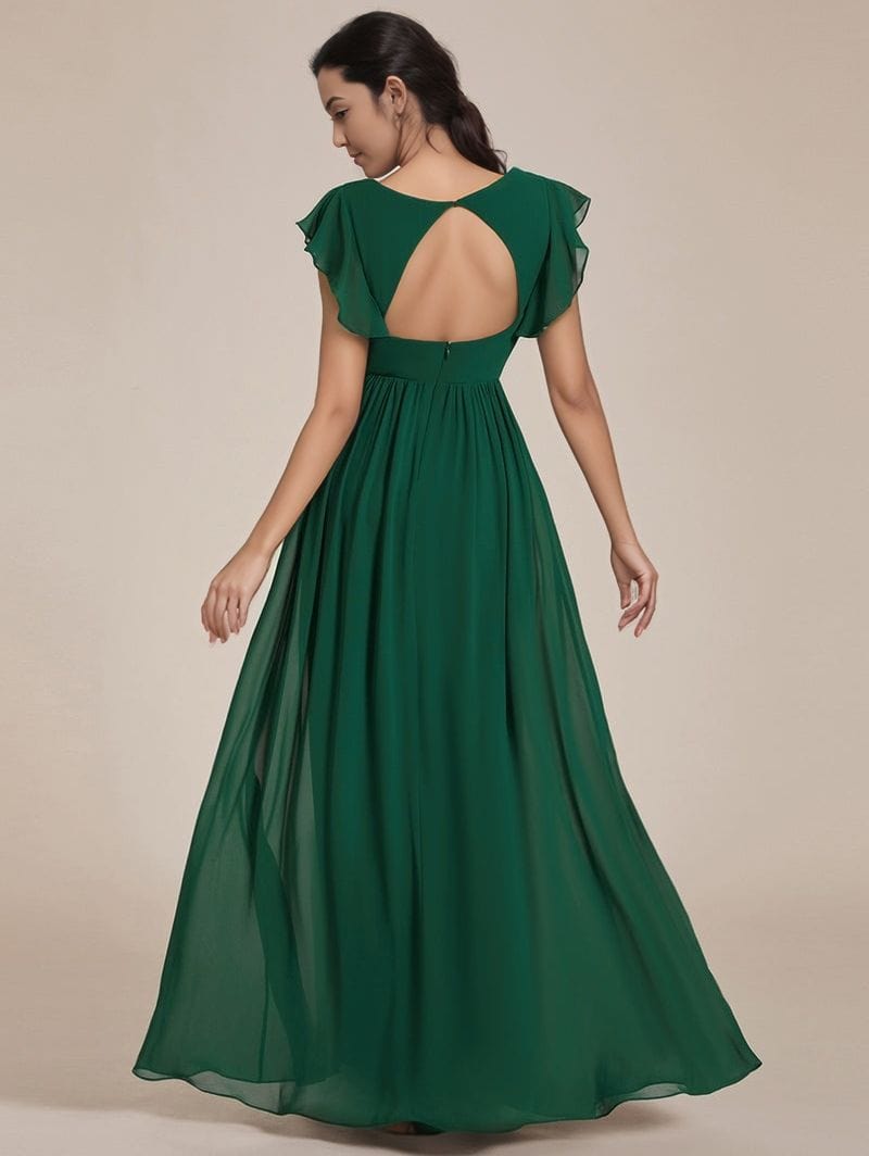 Robe de soirée mariage chic longue verte dos nu manche courte fluide élégante invitée cérémonie