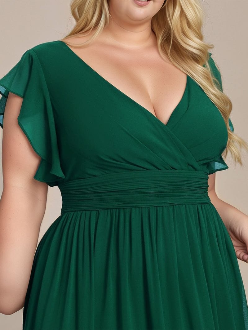 Robe de soirée grande taille chic verte longue manches courtes décolleté fluide femme élégante et tendance