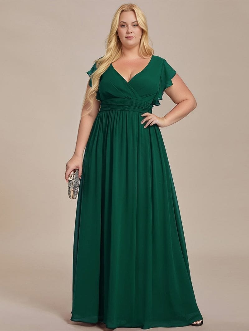 Robe de soirée grande taille verte longue manches courtes silhouette évasée avec pochette élégante