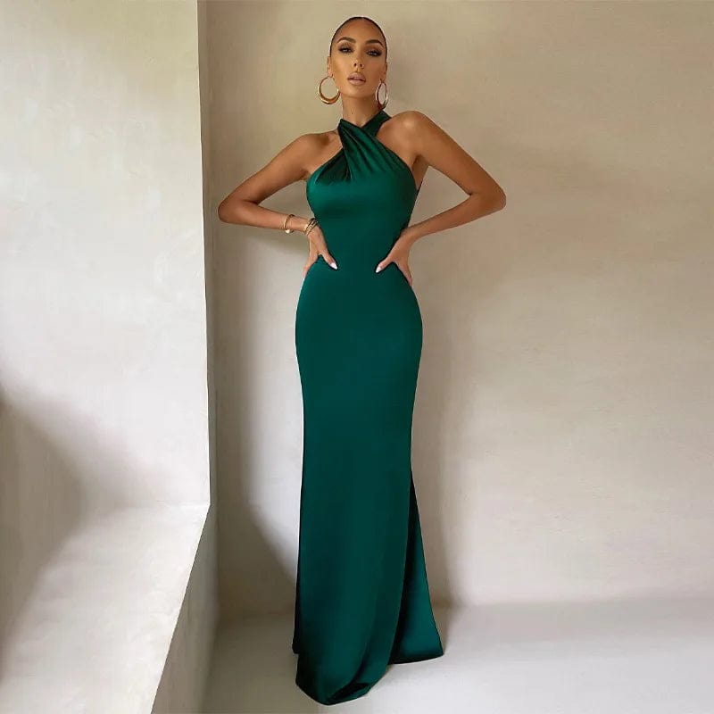 Robe invitée de mariage terracotta chic, longue sans manches en vert sauge, idéale pour soirée élégante et occasions spéciales.