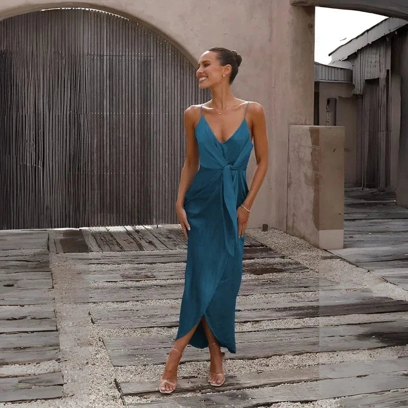 robe invitée mariage chic bleu canard fluide longue trapèze manches courtes élégante pour cérémonie