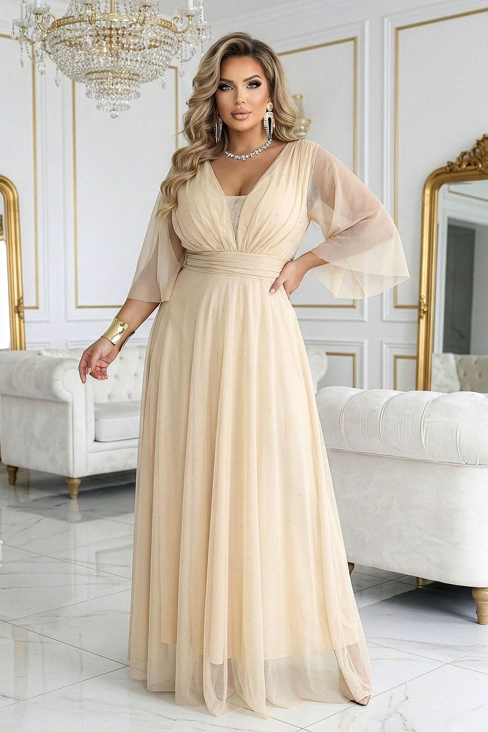 Robe de soirée mariage longue champagne chic grande taille manches longues fluide élégante femme