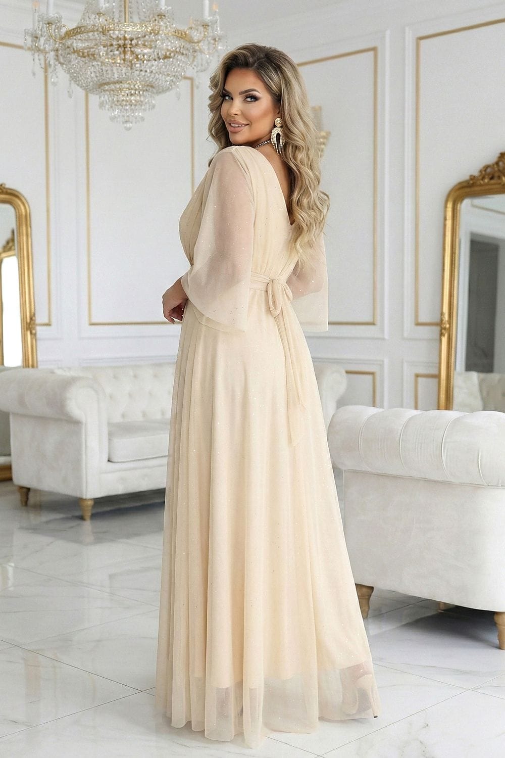 Robe longue champagne soirée chic fluide manches longues dos nu élégante pour mariage invité femme
