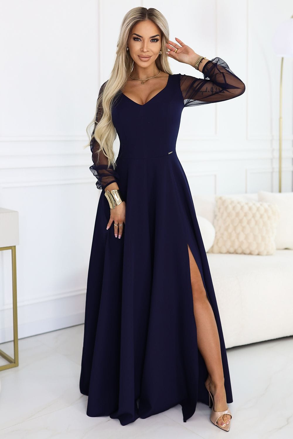 Robe de soirée chic longue bleu manches longues fendue décolleté élégante pour mariage invitée ou gala