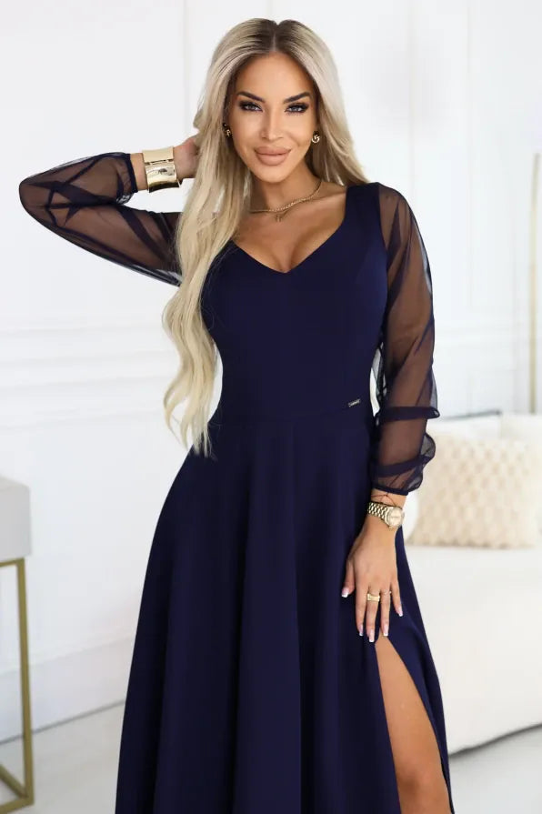 Robe longue bleue chic manches transparentes