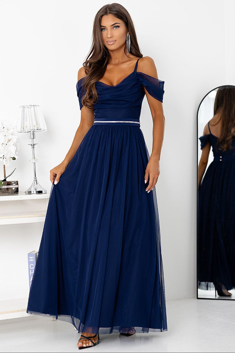 Robe de soirée mariage longue bleu épaule dénudée chic élégante style princesse pour femme invitée