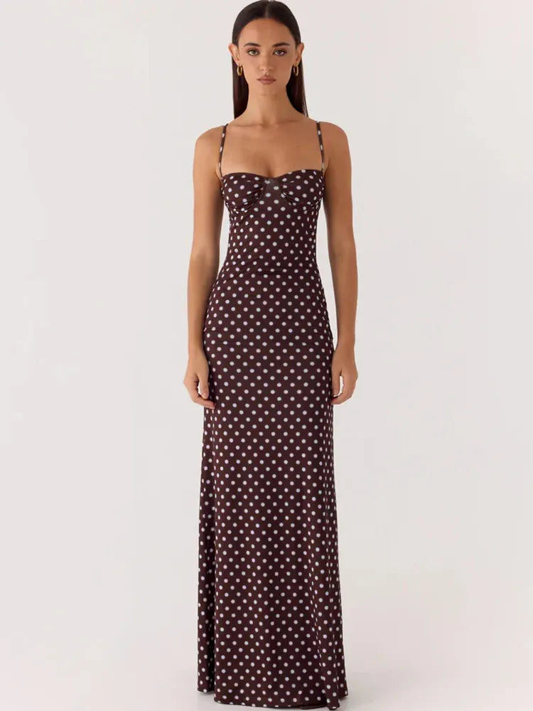 Robe longue marron à pois dos nu à bretelles fines