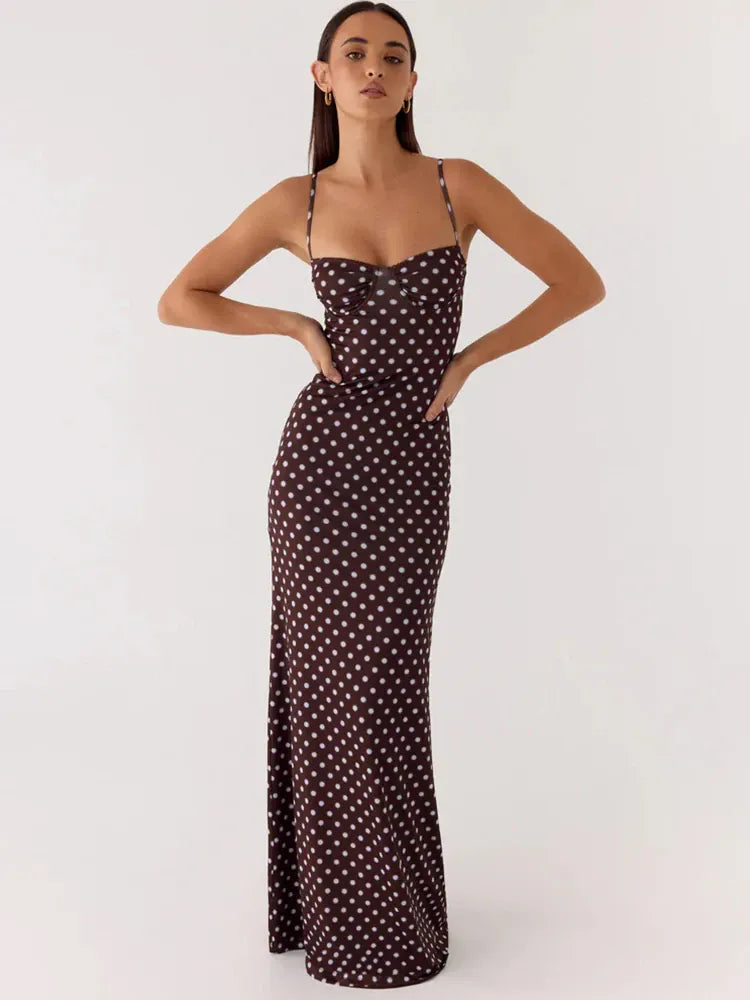 Robe longue marron à pois dos nu à bretelles fines