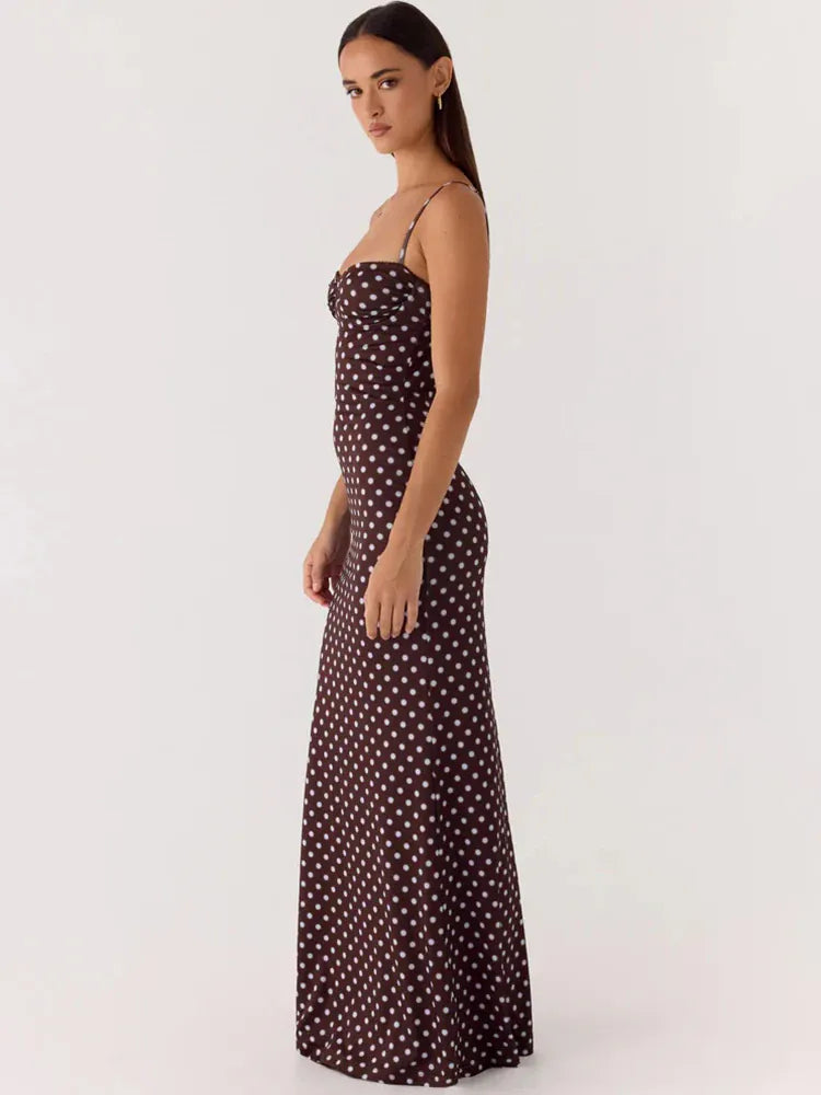 Robe longue marron à pois dos nu à bretelles fines