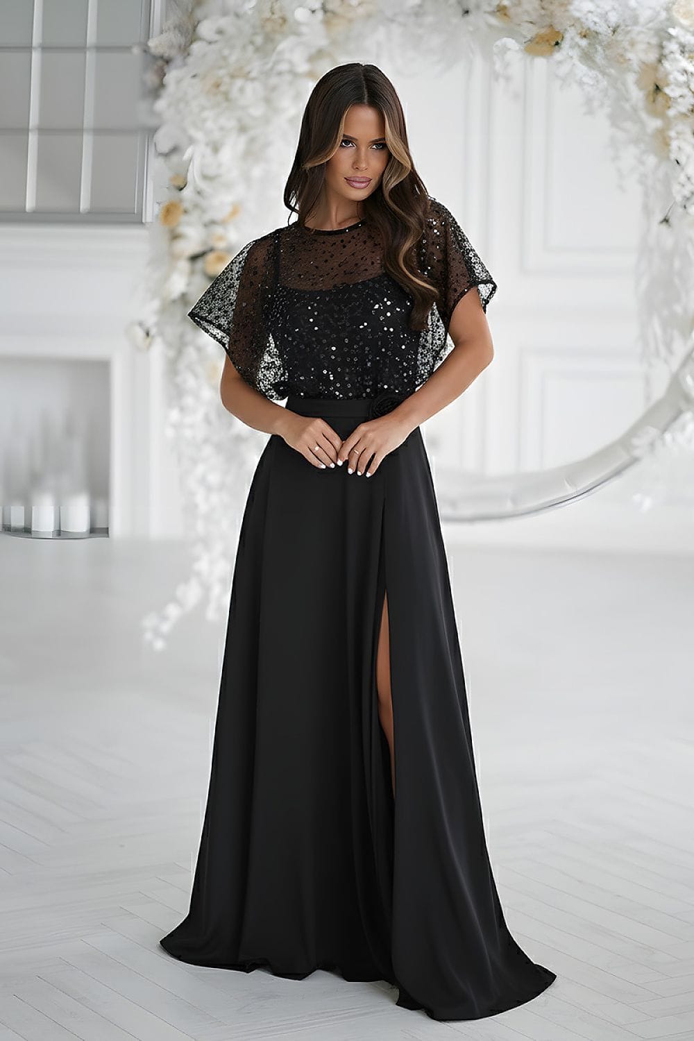 Robe de soirée chic longue noire manches courtes fendue bustier élégante pour mariage ou cocktail femme
