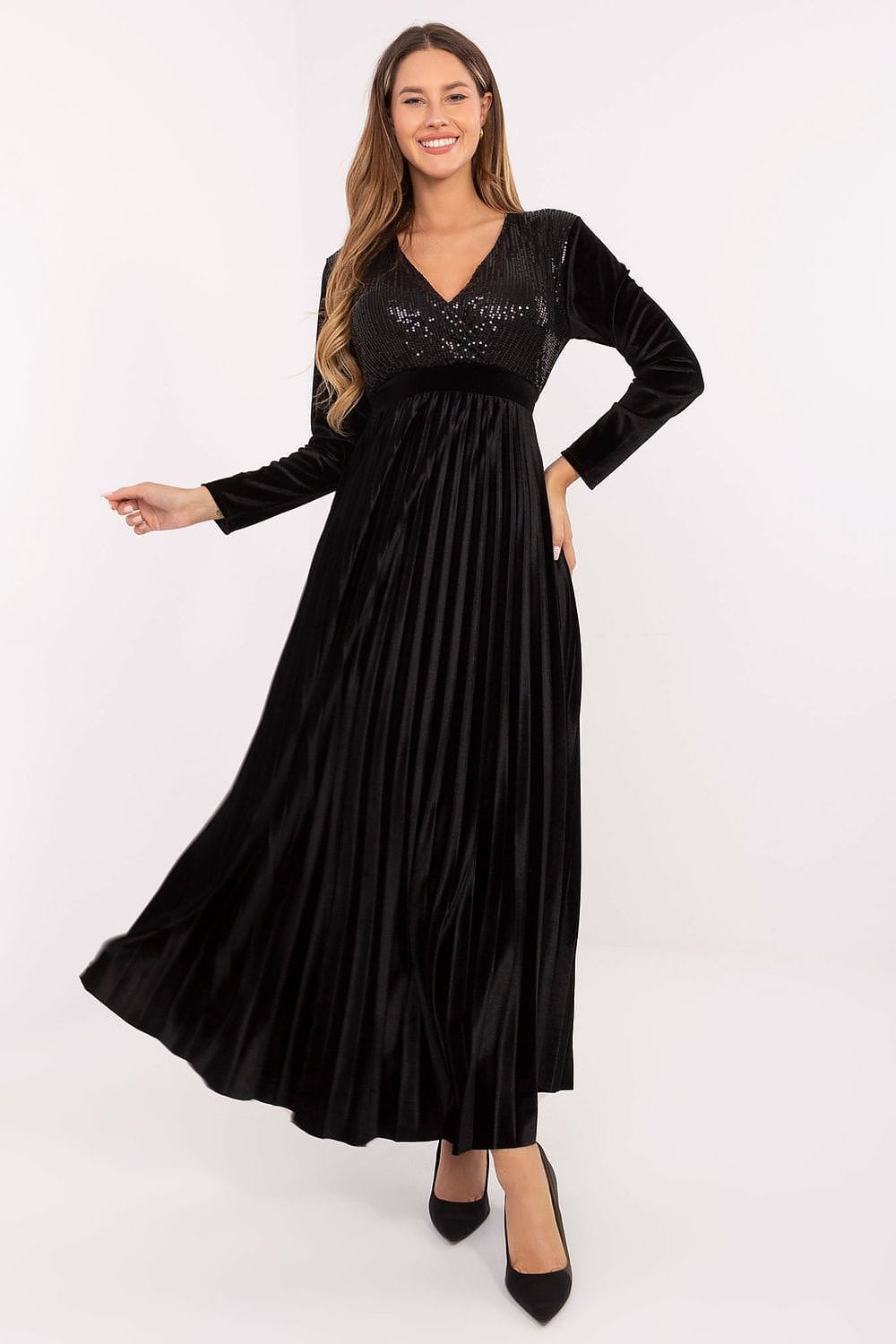 Robe de soirée longue noire manches longues chic femme élégante en velours col v plissée grande taille