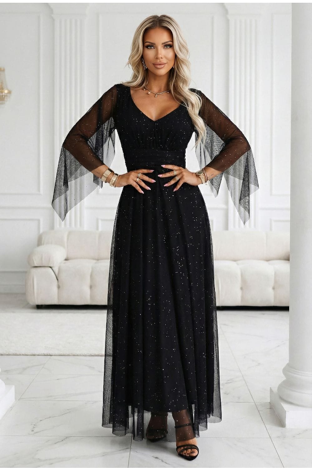 Robe de soirée chic longue noire manches longues évasée transparente élégante pour évènement habillé