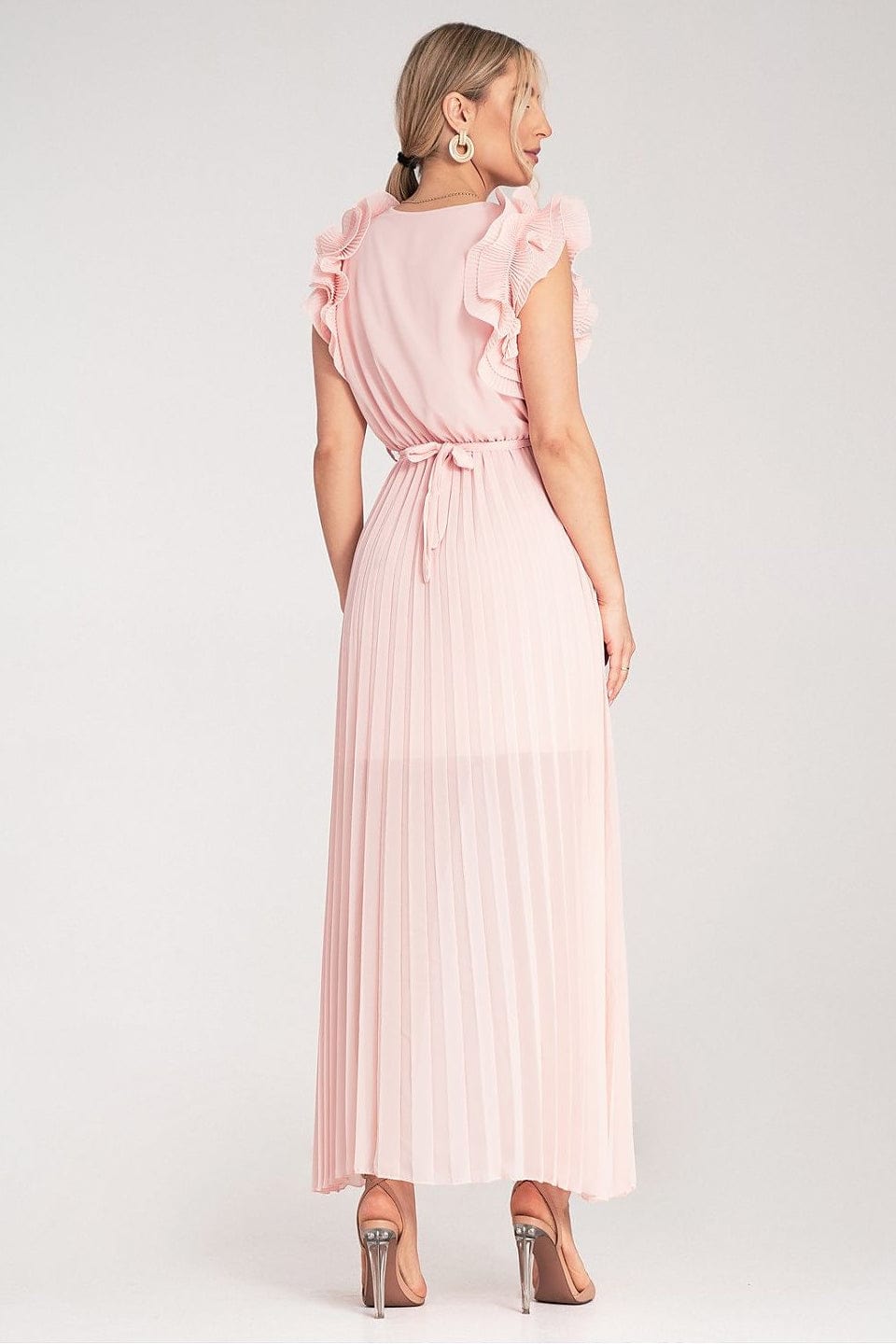 Robe longue plissée rose poudré pour soirée chic invitée mariage, manches courtes à volants élégants