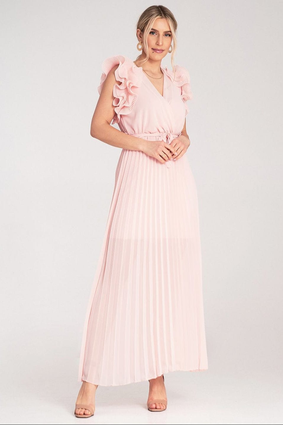 Robe longue rose poudré plissée pour demoiselle d'honneur chic mariage, sans manches, style élégant et romantique