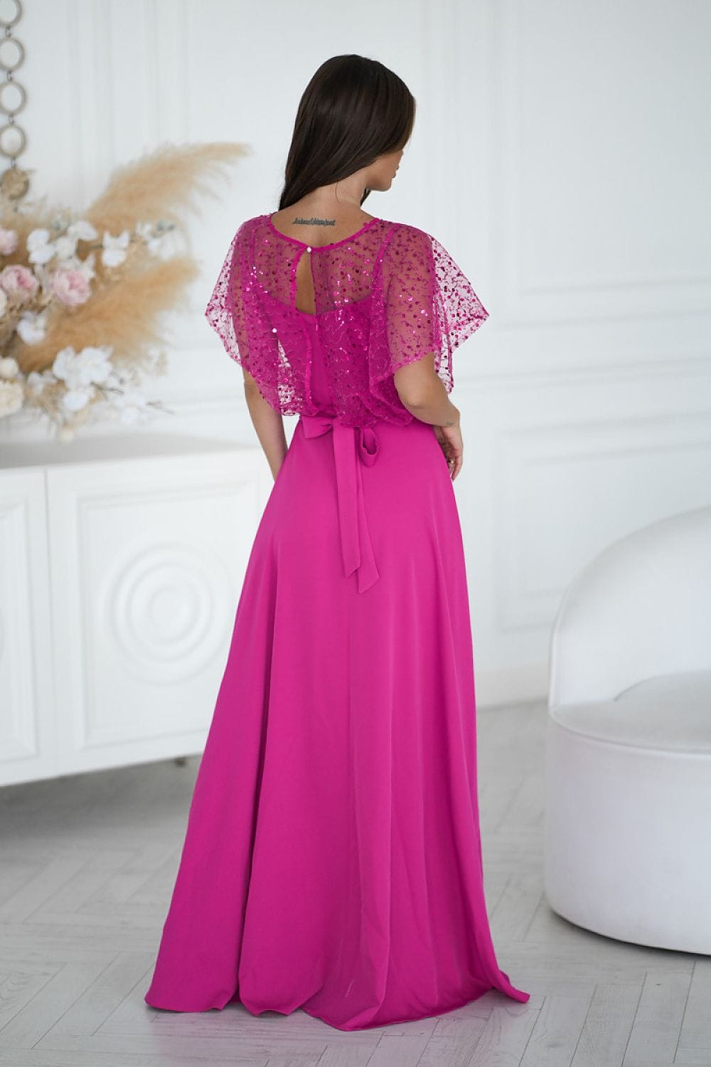Robe de soirée longue fuchsia chic fluide manches courtes élégante pour mariage invitée ou demoiselle d’honneur