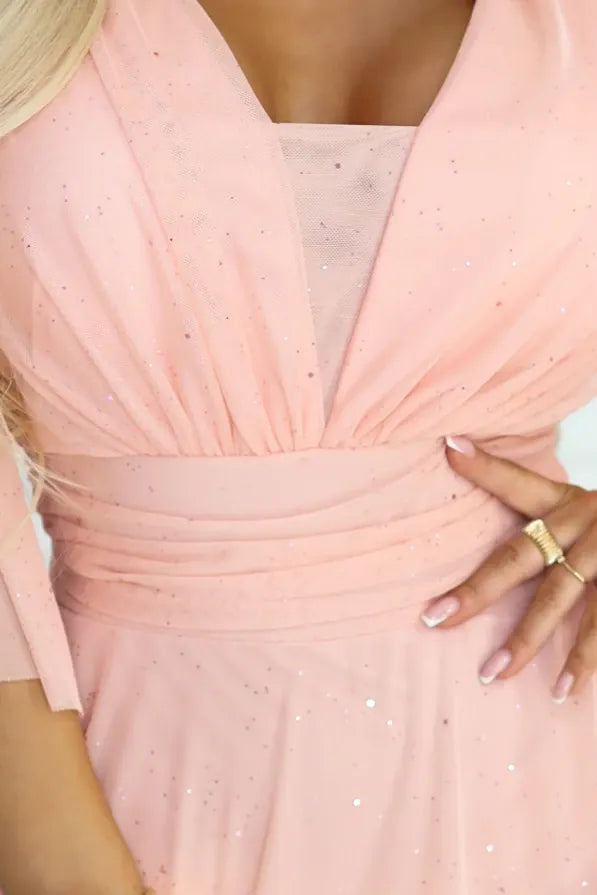 Robe longue rose de soirée chic manches en tulle