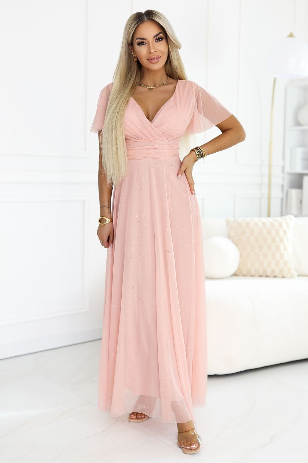 Robe de soirée mariage longue rose poudré trapèze manches courtes élégante pour invitée chic femme