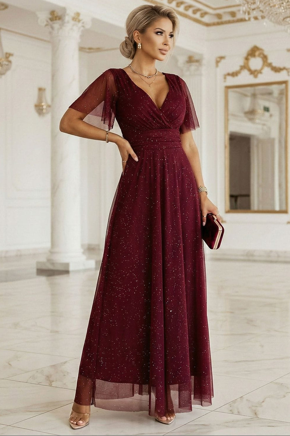 Robe de soirée chic longue bordeaux manches courtes évasée effet pailleté élégante pour mariage invité