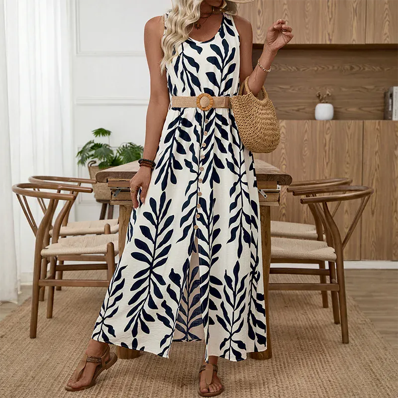 Robe longue sans manches avec ceinture à motif de feuilles