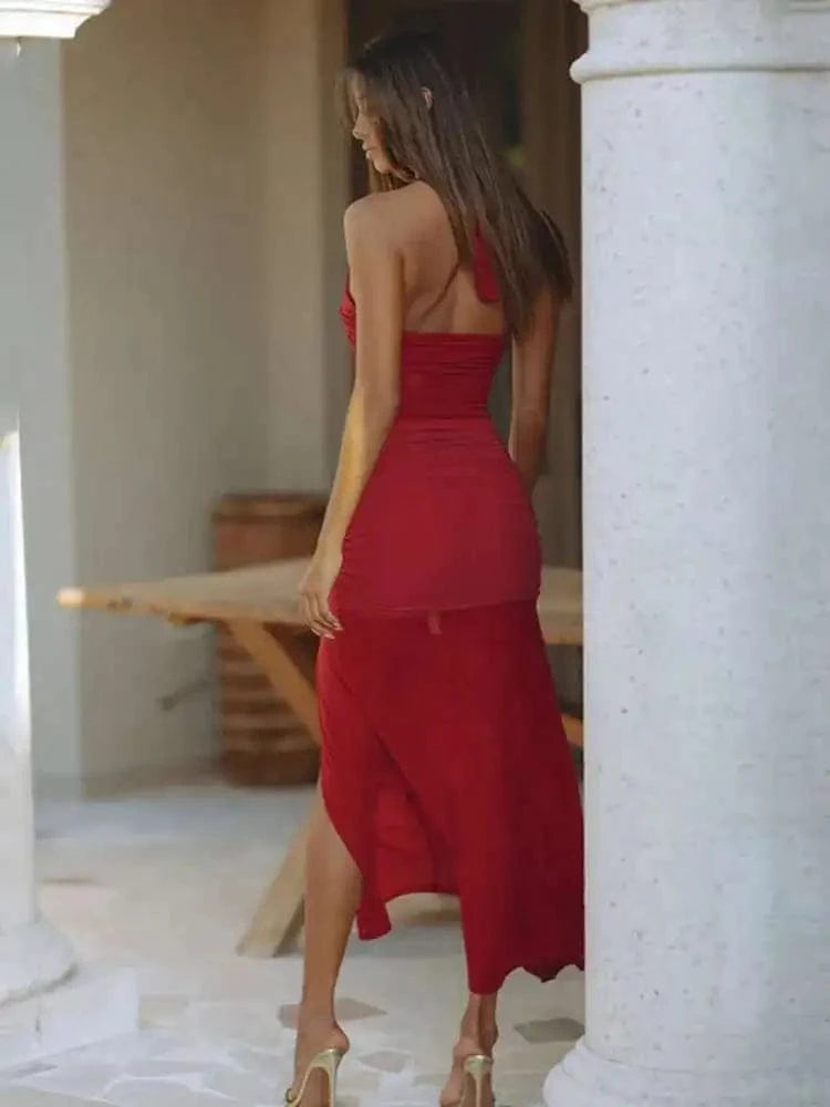 Robe de soirée sexy rouge asymétrique longue sans manches dos nu élégante moulante pour femme chic