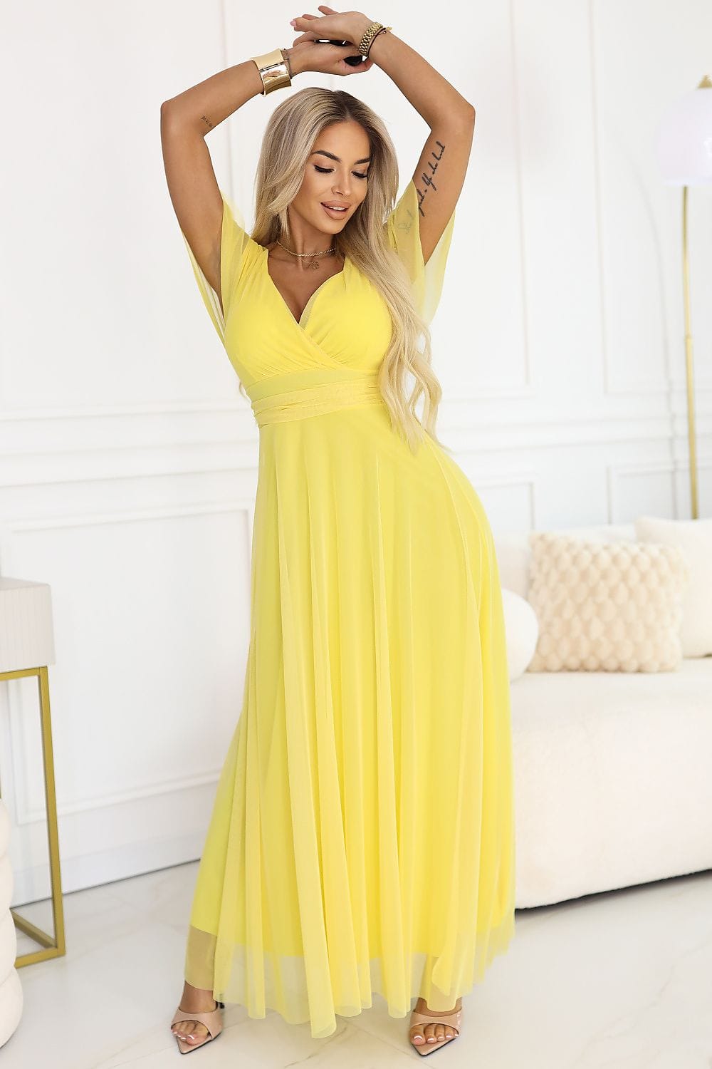 Robe longue été fluide jaune élégante femme, col croisé, manches courtes, idéale mariage ou soirée chic