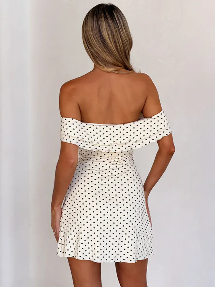 Robe mini sexy blanche à pois épaules dénudées